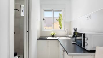 Fridge, microwave, stovetop, coffee/tea maker