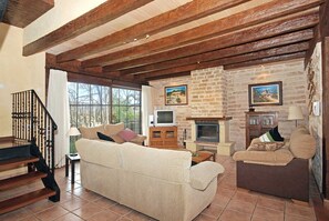 Een open haard, een dvd-speler en een tafeltennistafel