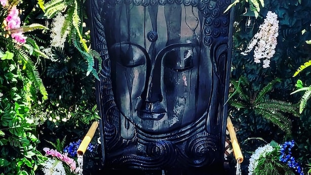 Una persona en una piscina con una estatua de Buda y follaje.