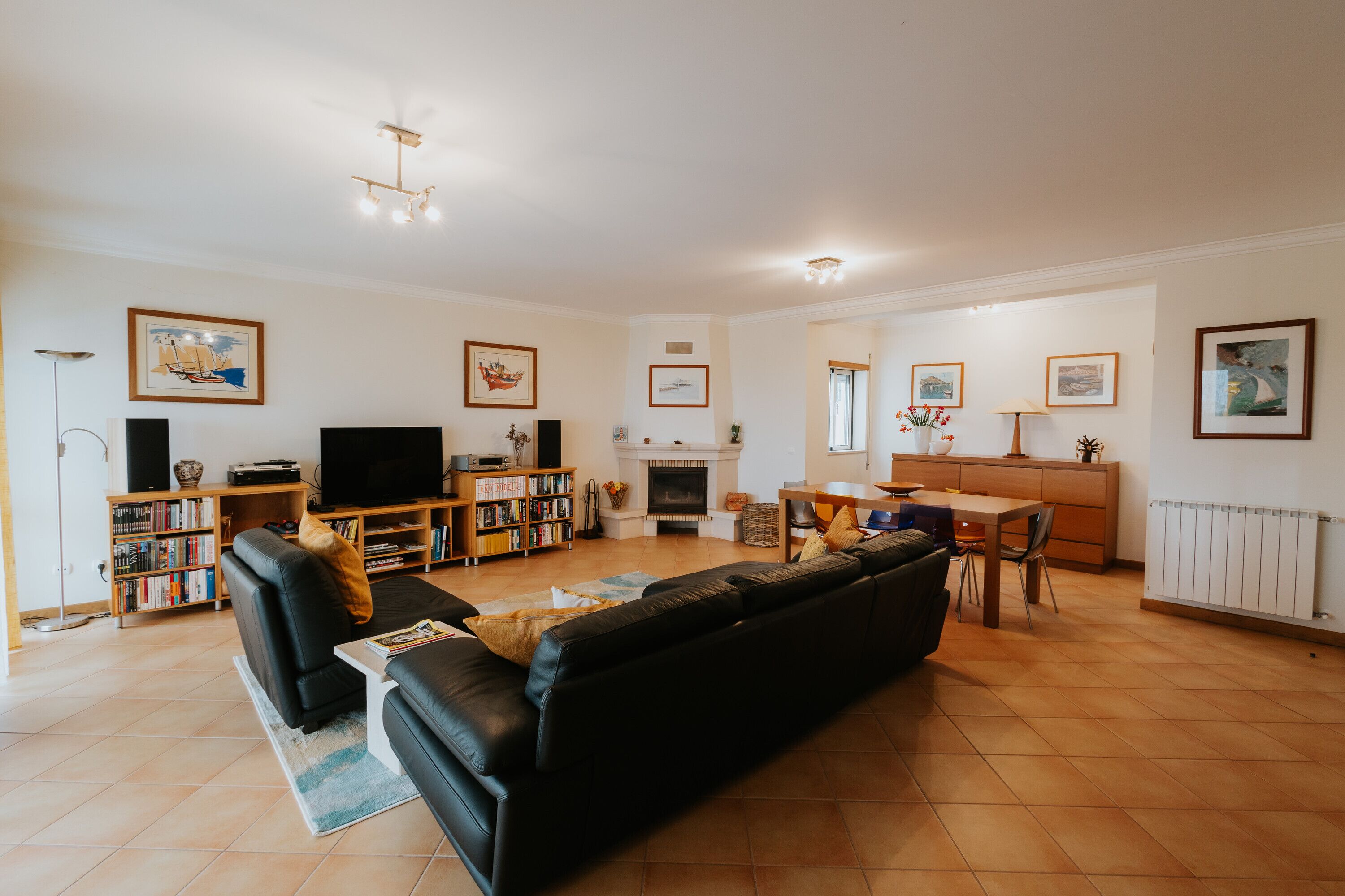 Una televisión, una chimenea, videojuegos, un reproductor de DVD