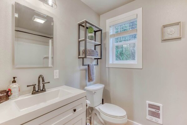 A bathroom with a white sink, a mirror, a toilet, a window, and a shelf with a plant.