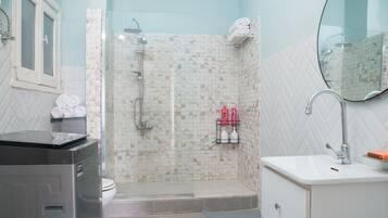 Shower, hair dryer, bidet, towels