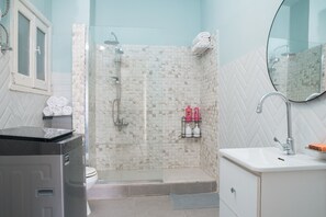 Shower, hair dryer, bidet, towels