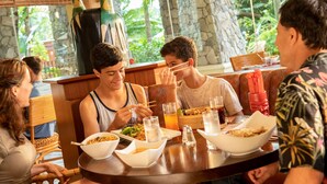 Eine Gruppe von Personen speist in einem Restaurant mit Blick auf Grünflächen und eine Steinmauer.