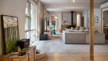 TV, caminetto, libri, studio