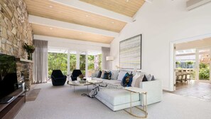 Televisio, takka, työhuone