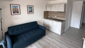 A compact living space with a kitchenette, a sofa, and two framed pictures on the wall.