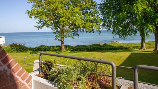 A patio with a view of the sea, a tree, and a brick wall. - Ostsee Lodge - Ostsee Lodge: Behaglich, Einzigartiger Meerblick & Perfekt zum Entspannen (Schashagen)