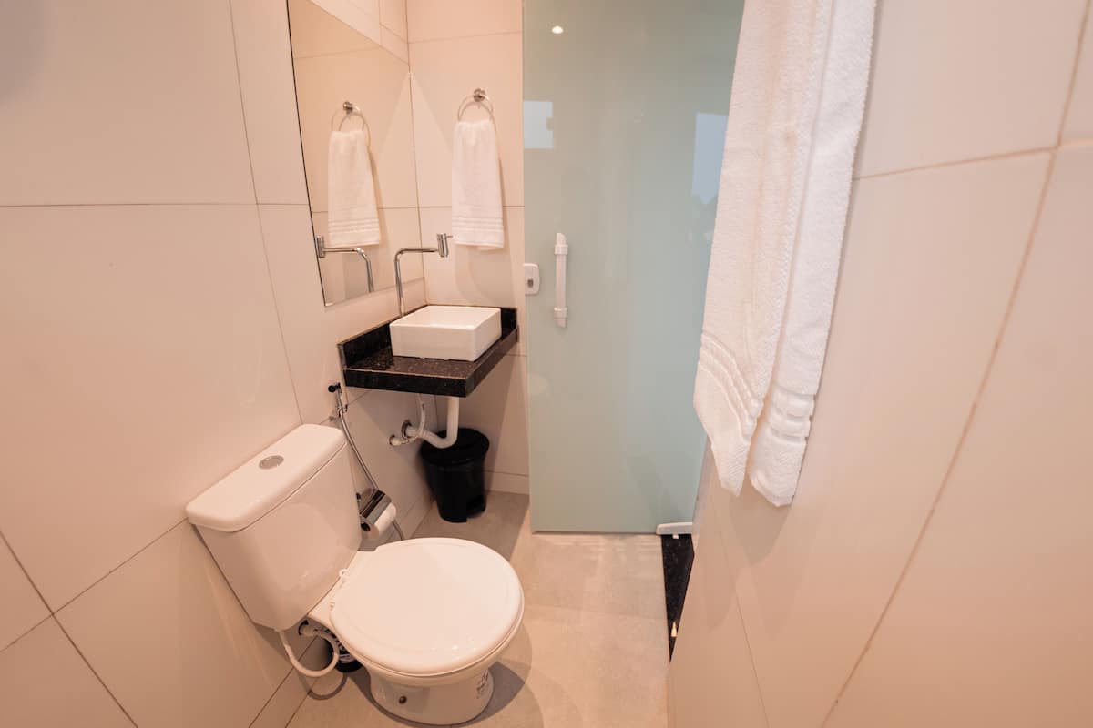 Shower, towels, soap, shampoo