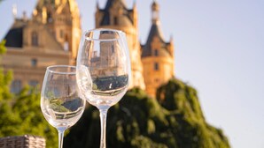 Two wine glasses in front of a historic building with domed architecture. - Boat 'Hausboot Explorer' with Lake View and Private Terrace (Schwerin)
