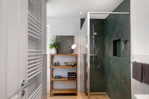 Shower, hair dryer, towels
