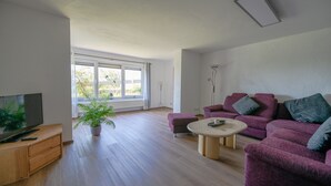 Un salon comprenant un canapé, une table basse, un téléviseur et une plante en pot.