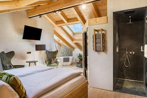 A bedroom with a bed, a TV, a shower, and a skylight.