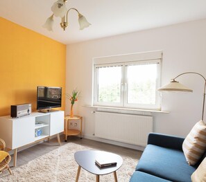 A living room with a sofa, a TV, a lamp, a radiator, and a window.