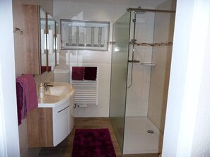 Shower, hair dryer, towels - Holiday Apartment "Breit - Kirchdorf" with Mountain View, Private Terrace & Wi-Fi (Kirchdorf im Wald)
