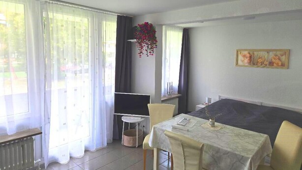 A dining area with a table, chairs, a television, and a window with curtains. - Ruhige Ferienwohnung/ Amateurzimmer/ Gute Verkehrsanbindung (Linden)