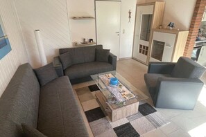 Smart TV, caminetto, libri, impianto stereo