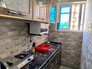 Frigorífico, microondas, horno y placa de cocina