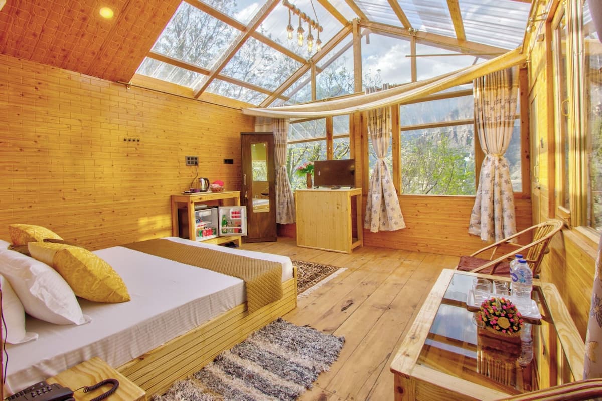 A cozy wooden cabin with a glass ceiling, a bed, a small desk, and a TV.