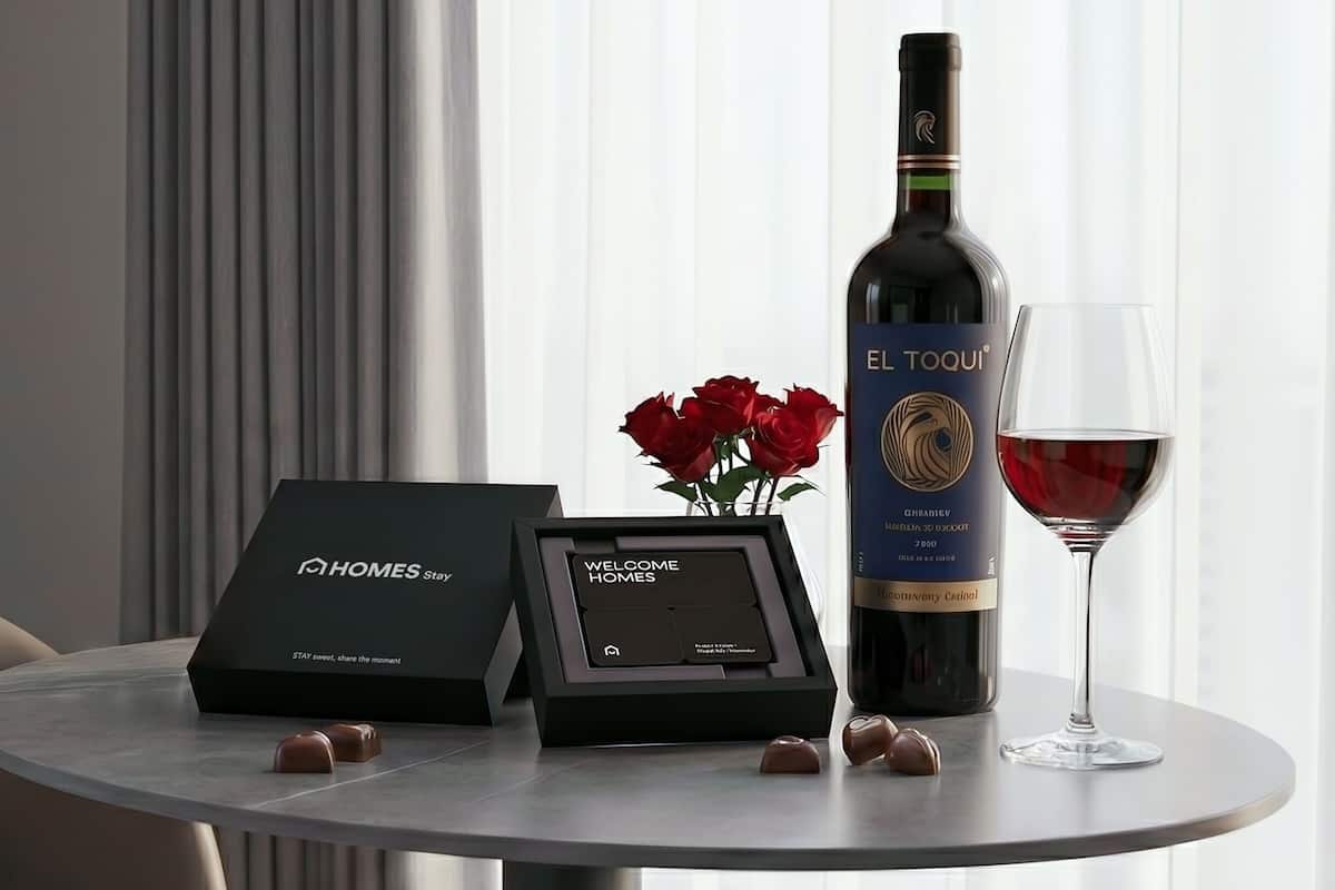 A table with a bottle of El Toqui wine, a glass of red wine, a framed welcome sign, and a box with chocolates.
