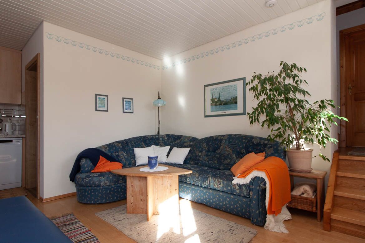 Un salon chaleureux avec un canapé à motifs, une table basse en bois, une plante en pot et un tableau encadré accroché au mur.