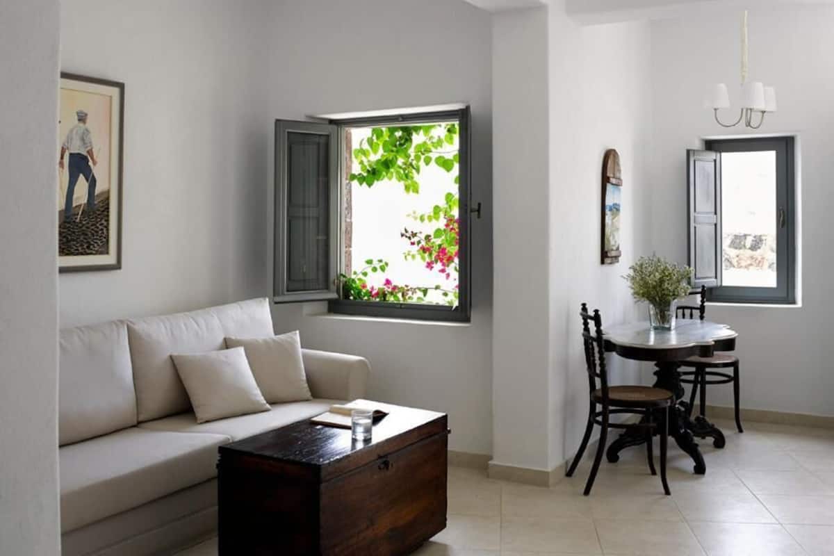 A living room with a sofa, a wooden coffee table, a dining table with chairs, a window with a view of greenery, and a chandelier.
