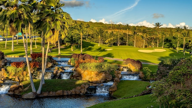Un campo de golf con un elemento acuático, palmeras y cielo despejado.