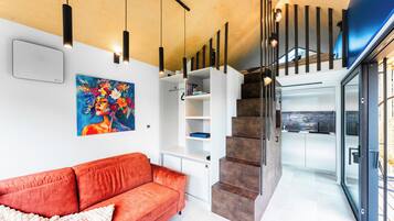 Design stacaravan, patio, uitzicht op tuin | 1 slaapkamer, luxe beddengoed, bedden met traagschuimmatras