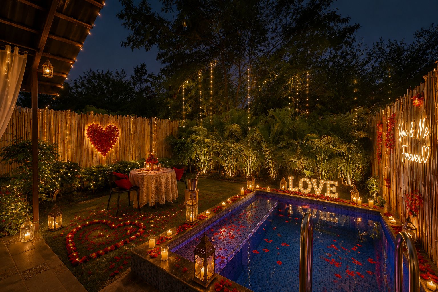 An outdoor pool area with a heart-shaped arrangement of lights, a table with a floral centerpiece, and a sign that reads 'LOVE'.