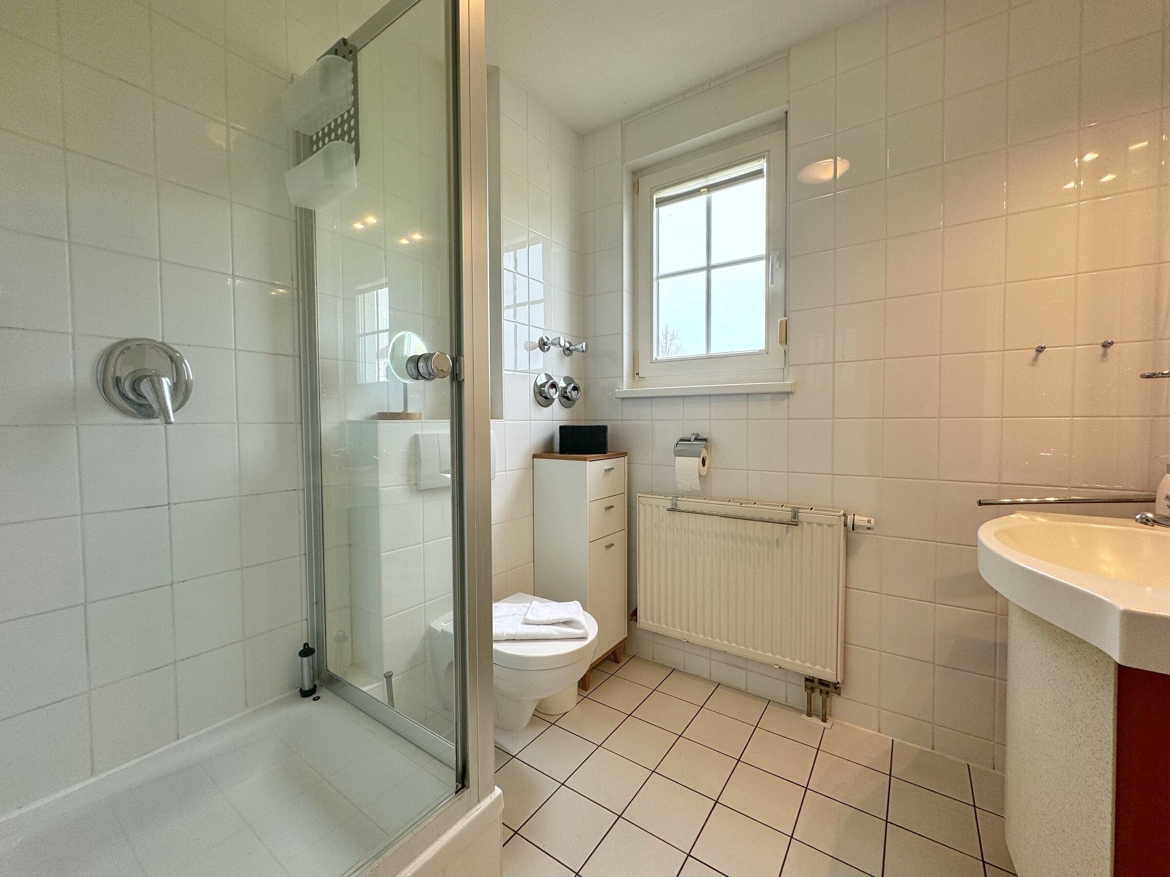 Ein Badezimmer mit Duschkabine, Toilette, Heizkörper und Waschbecken.