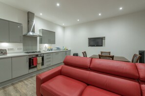 A modern kitchen with grey cabinets, a red leather sofa, and a dining area with a TV. - Haymarket - City Centre (Edinburgh)