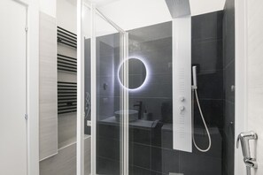 Shower, hair dryer, towels