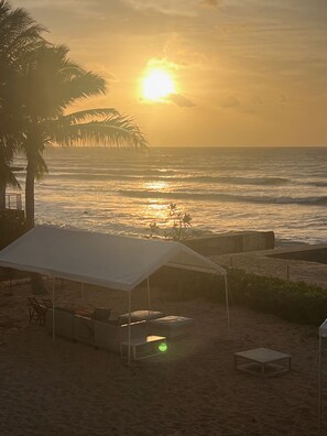 On the beach, sun-loungers, beach towels