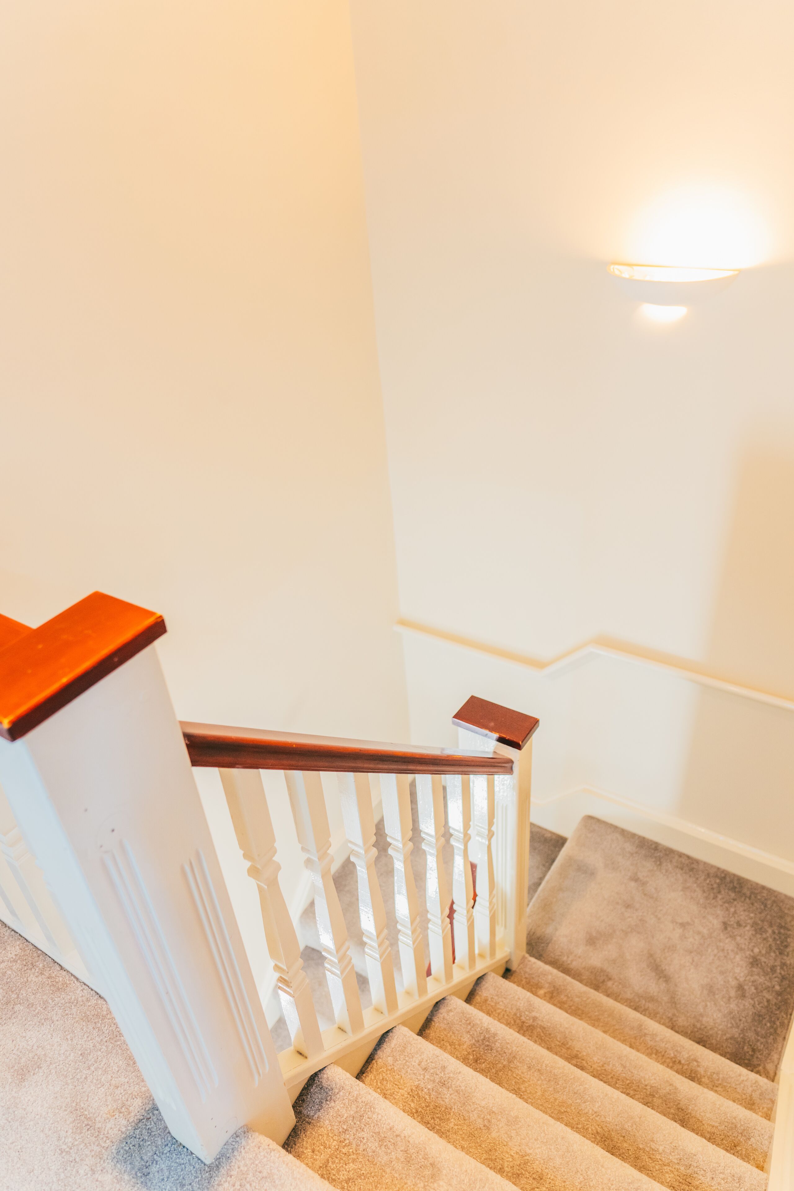 Una escalera alfombrada con barandilla de madera y pasamanos blanco.