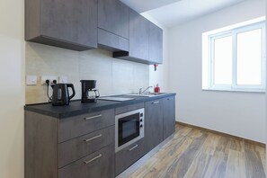 Studio Standard - utsikt mot staden | Eget pentry | Minikylskåp, mikrovågsugn, ugn och spishäll