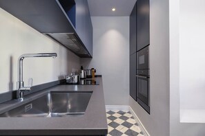 Panoramic Apartment, City View | Private kitchen | Full-size fridge, oven, stovetop, dishwasher