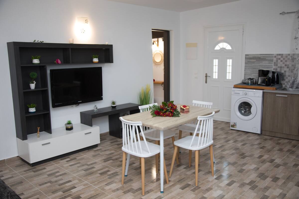Eine moderne Küche mit integriertem Waschmaschinenanschluss, einem Essbereich mit Tisch und Stühlen sowie einem an der Wand montierten Fernseher.