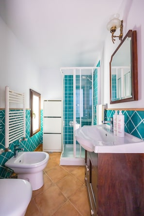 A bathroom with a white sink, a bidet, a toilet, a shower, and a mirror.