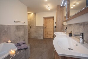Hair dryer, bidet, towels, soap