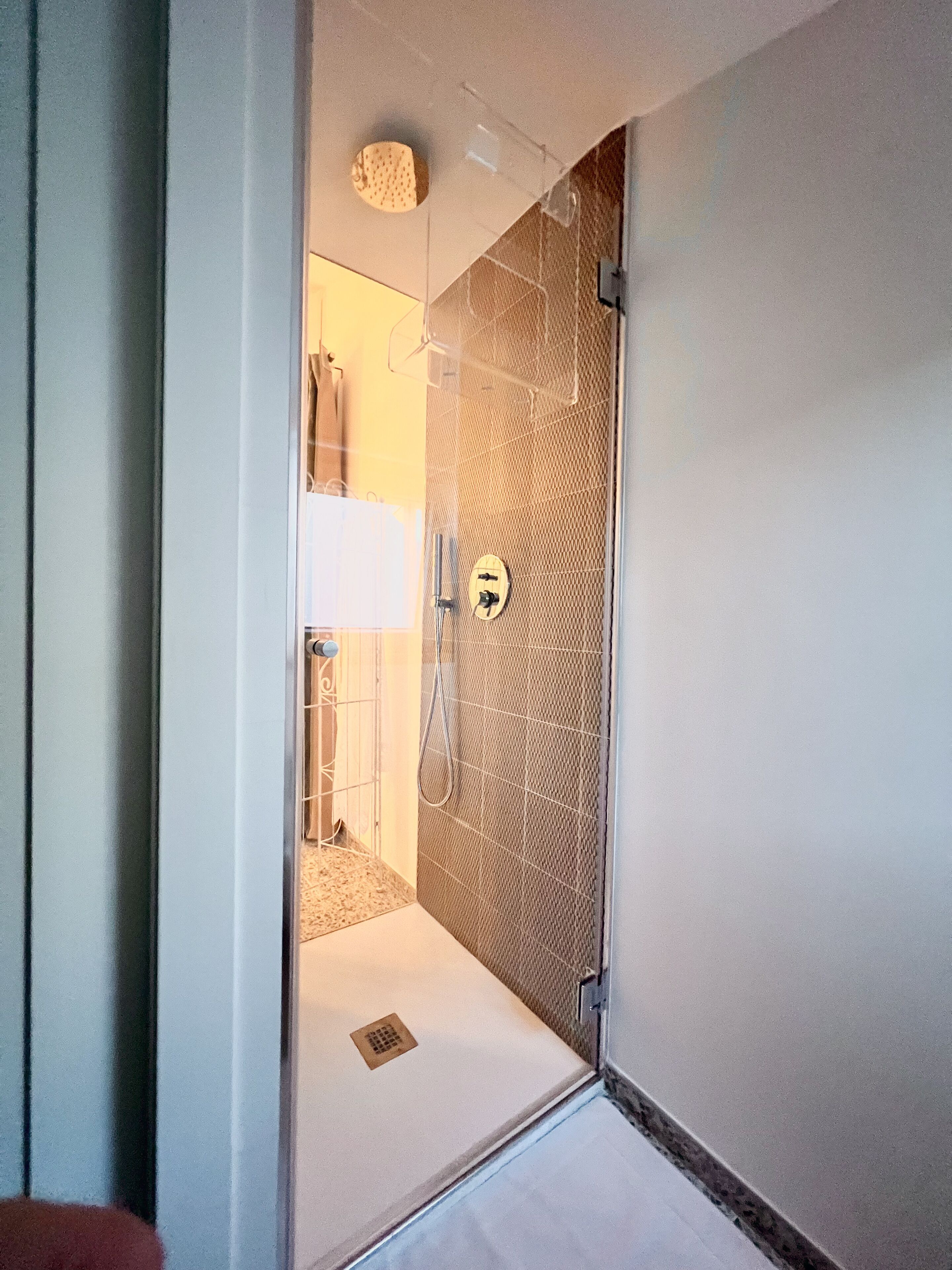 A modern bathroom with a glass shower enclosure, a towel rack, and a visible toilet.