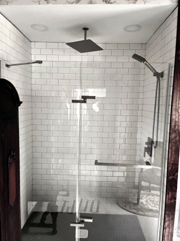 Hair dryer, towels, soap, shampoo