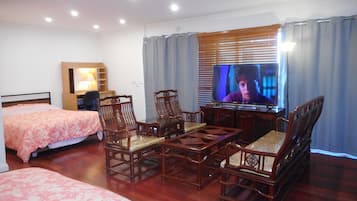 1 bedroom, desk, iron/ironing board, travel cot