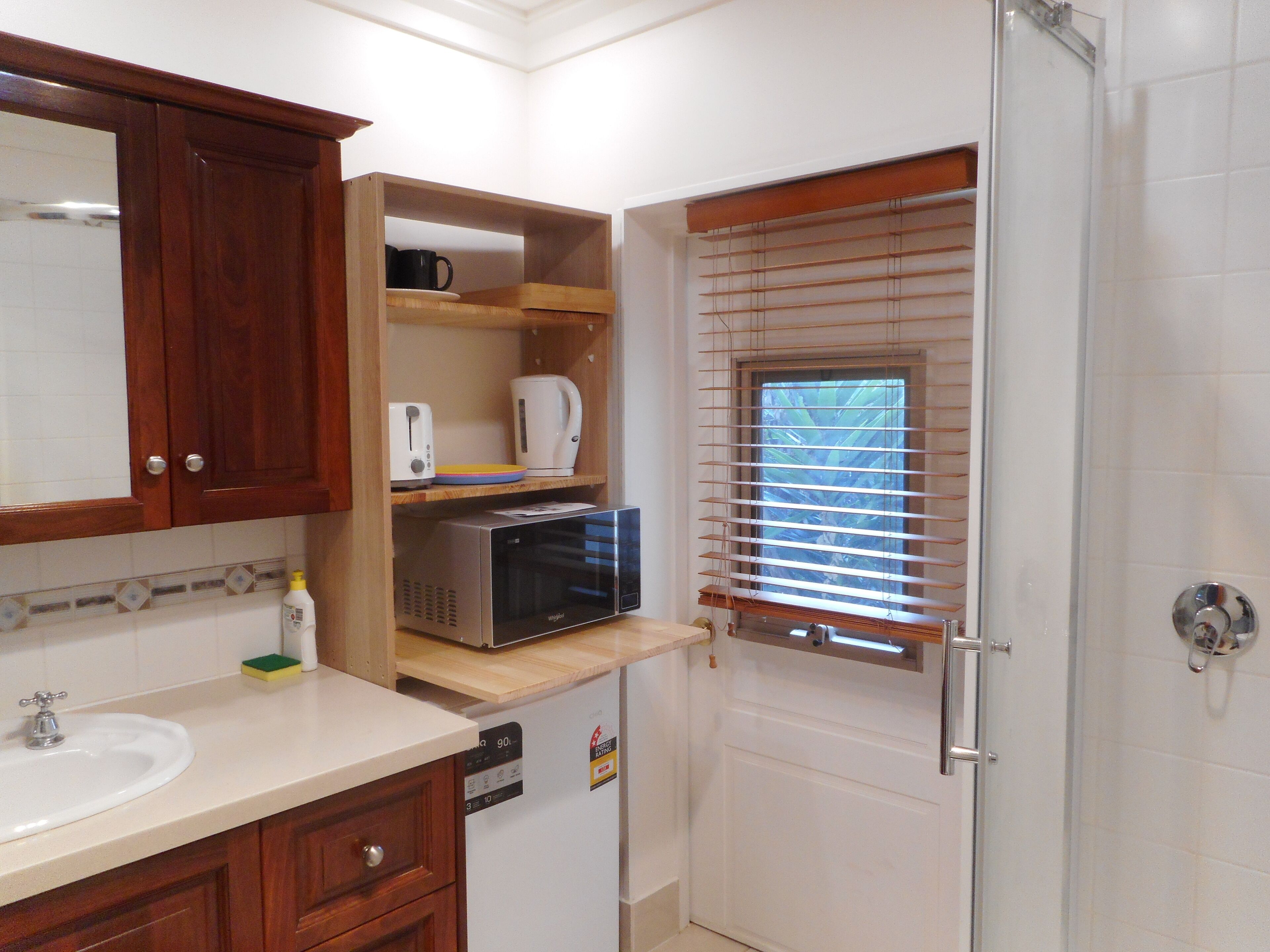 Fridge, microwave, electric kettle, toaster