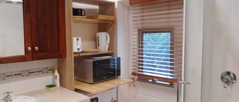 Fridge, microwave, electric kettle, toaster