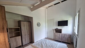 A bedroom with a bed, a wardrobe, a TV, and a window. - Charming Villa: Walk to Beach, Shops, and Forest Retreat in Seignosse (Seignosse)