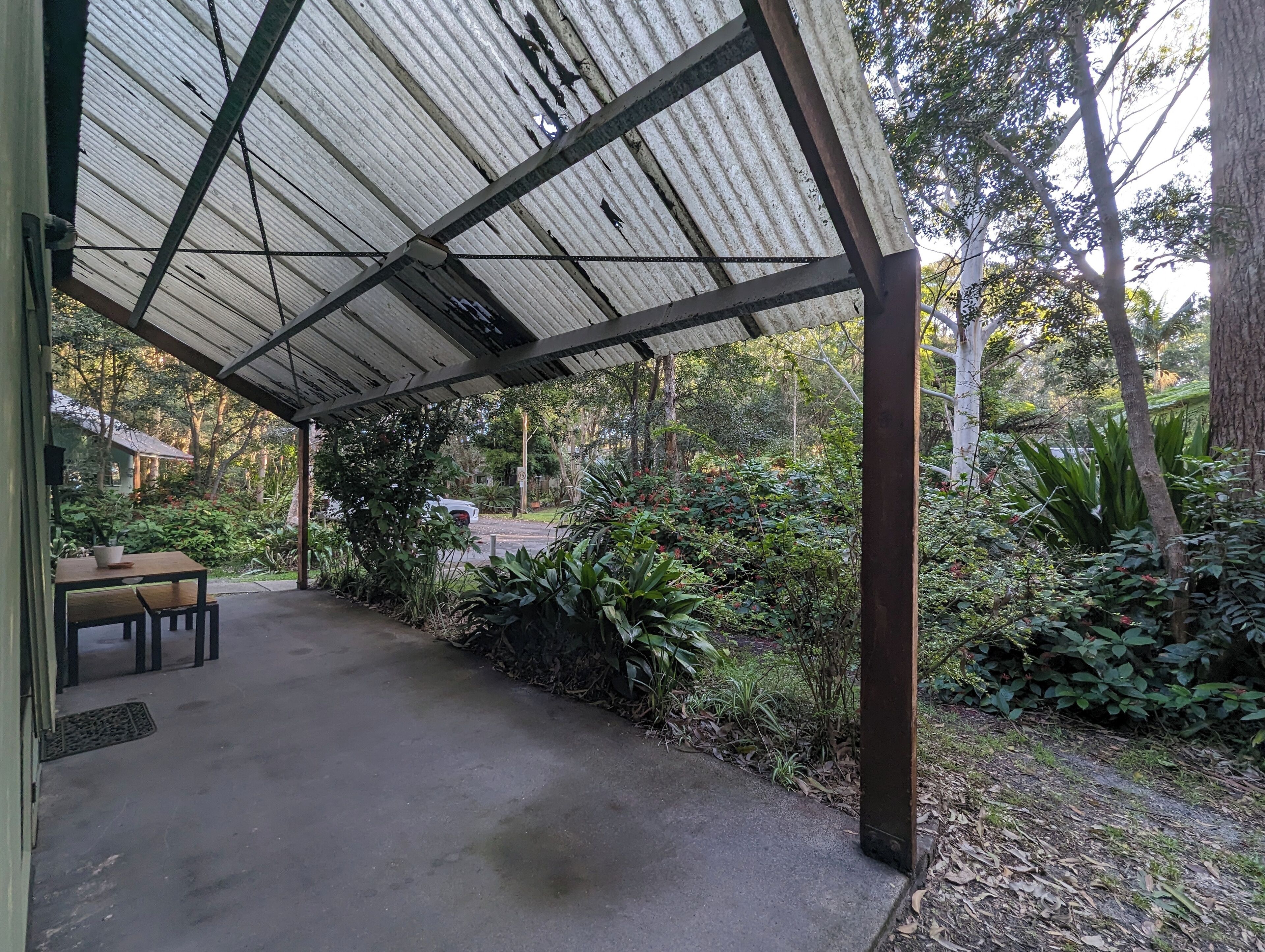 A covered outdoor area with a concrete floor, surrounded by dense vegetation and trees.