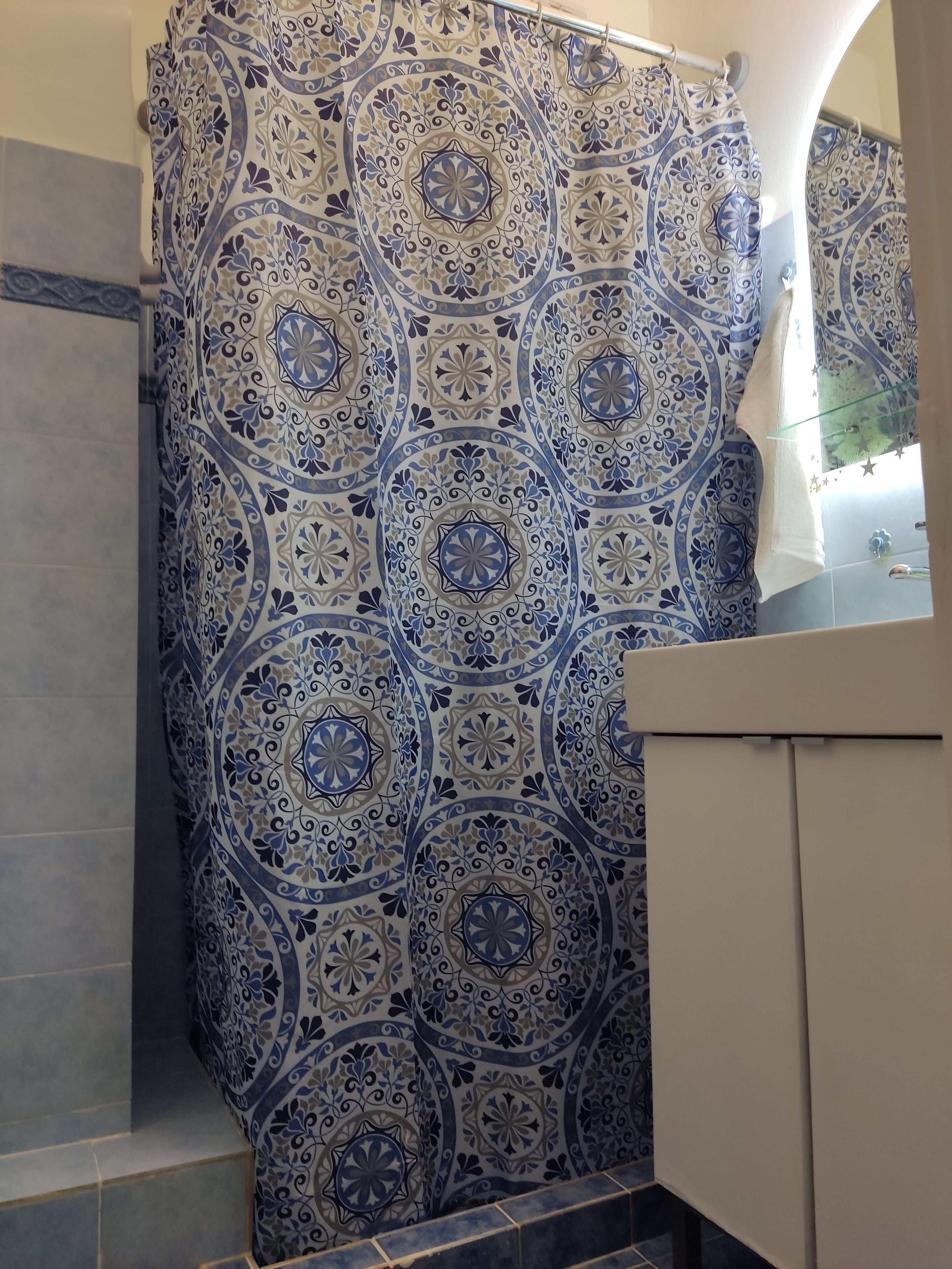 A bathroom with a patterned tile wall, a shower area, and a sink with a mirror.