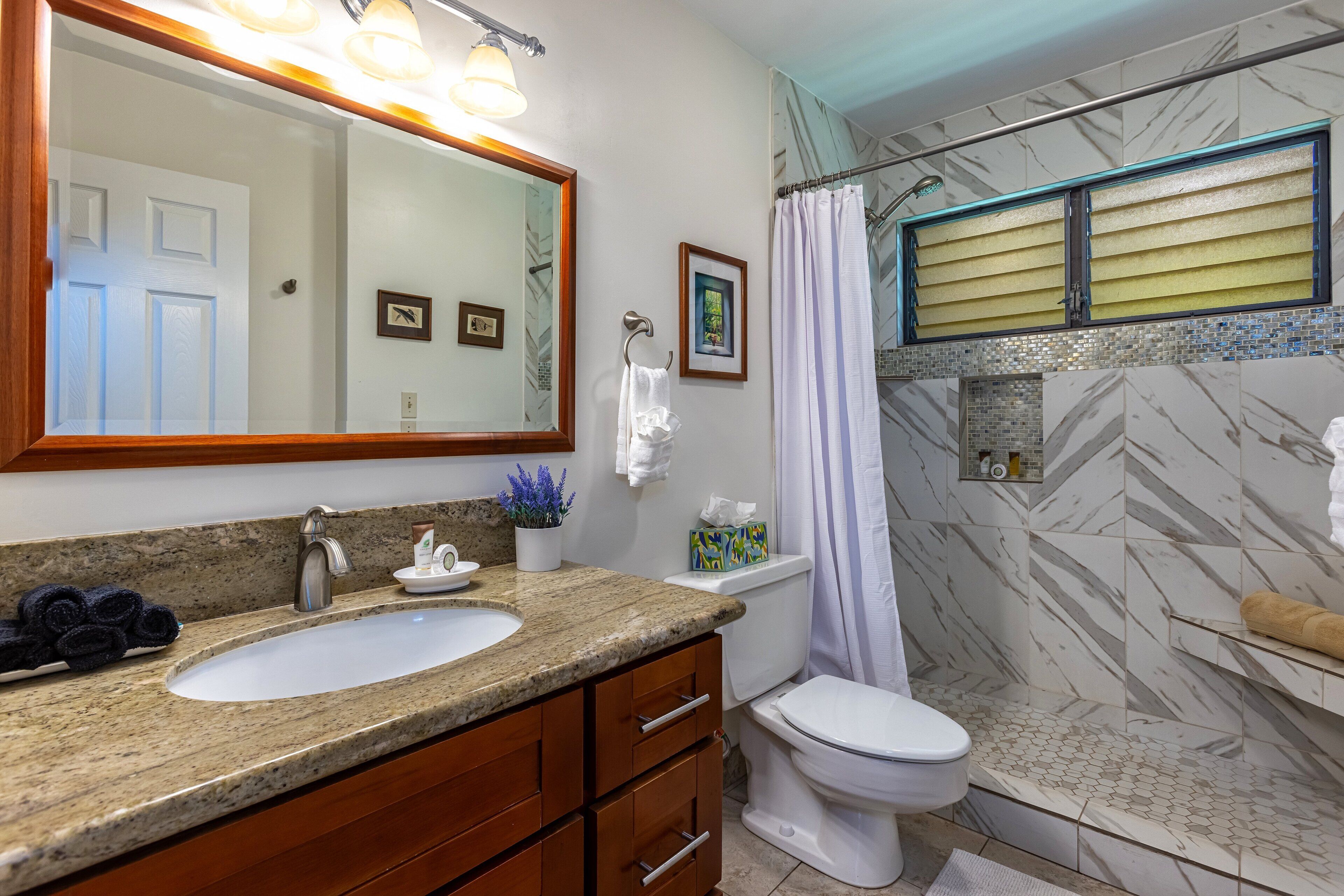 Shower, hair dryer, towels, shampoo