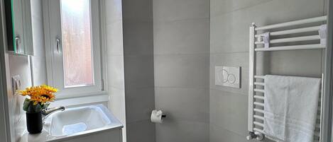 A modern bathroom with a sink, toilet, and bidet.