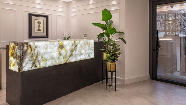 A reception desk with a marble top, framed artwork above it, and potted plants beside it. - Palazzo Goldoni Condotti Collection (Rome)